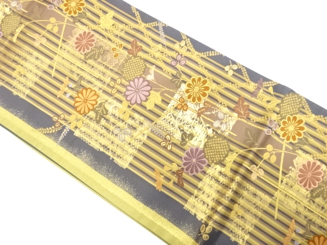 縞に変わり市松・秋草模様織り出し　袋帯